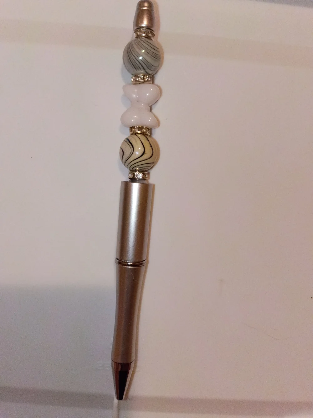 Beaded Decorative Pen in Metallic Silver and Cream